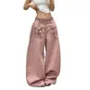 Jeans patchwork xadrez rosa retrô americano para mulheres, coleção primavera/outono 2026, modelagem solta, emagrecedor e com design de perna larga fluido e casual