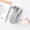 Meia-calça Infantil com Forro de Fleece e Laço para Meninas, Atacado de Algodão Penteado Listrado para Bebês e Crianças Pequenas
