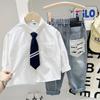 Roupa Infantil Meninos Outono Camisa Branca 2026 Novo Estilo para Crianças Maiores Primavera e Outono Camisa Estilosa de Manga Longa para Meninos