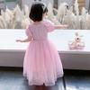Vestido Rosa Lolita para Meninas, Vestido Princesa de Renda com Laço e Tela, Doce Vestido de Manga Bufante