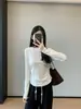 Súper cómoda~ Camiseta de Tencel con lana elástica, cintura fruncida plisada, top base de lana para mujer, nuevo Otoño 2026 031