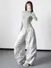 Calça cargo feminina cor damasco, novo estilo primavera/outono 2025, plissada, retrô americano, casual, solta, calça longa de perna larga oversized