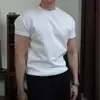 Nueva Camiseta Casual de Algodón Tejido de Canalé Doble Peso Pesado Cuello Redondo Pequeño Holgada Color Sólido Transpirable Puño Manga Corta Cuatro Estaciones