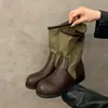 Botas Chuyuji de color block retro hasta la pantorrilla para mujer, nuevo estilo verano 2026, tacón grueso, casual, adelgazantes, botas apiladas, botas de montar