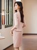 Traje de cuello redondo gris de alta calidad con mangas de siete puntos de moda de primavera y verano, vestido ajustado, ropa de trabajo del departamento de ventas, traje de fijación.