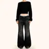 Calça Jeans Yongfang Estilo Retrô Americano Preta Flare com Bigodes Lavados Tridimensionais, Estilo de Rua Favo de Mel Empilhada Slim-Fit Casual