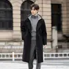 Casaco Masculino de Lã Estilo Coreano Falso Duas Peças Quente Outono/Inverno Comprimento Médio Marca da Moda Acima do Joelho Com Capuz Lã Retrô