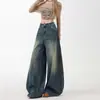 Jeans Scimitar Azul Retrô Americano, Caimento Solto e Fluido, para Mulheres, Novo Design Tendência de Cintura Alta, Calça de Perna Larga em Formato de Pera