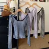 Estilo Coreano Otoño Nueva Llegada Rayas Sensación de Alta Gama Cuello en U Hueco Espalda Abierta Camiseta de Rayas Mangas Largas Acampanadas Adelgazante Top Interior
