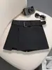 Falda de Lana Espesa con Abertura Diseño Estilo Coreano Nueva Pantalón Falda de Cintura Baja Anti-Exposición Línea A con Cinturón 9851