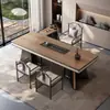 Mesa de Té y Juego de Sillas con Acabado de Madera de Nogal y Encimera de Roca para el Hogar, Mesa de Té Estilo Chino Nuevo, Mesa de Café para Oficina, Sensación de Lujo Ligero de Gama Alta, Encimera Grande