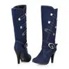 Deseo AliExpress Comercio Exterior Talla Grande Botas de Mujer Mezclilla Fideos Botas Medias Hebilla de Cinturón Tacón Delgado Tacón Alto Talla Grande Botas de Mujer