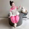 Conjunto de Ropa de Otoño para Niñas: Conjunto de Dos Piezas Dulce y Elegante: Sudadera de Manga Larga con Encaje y Cuello de Muñeca de Gota de Lluvia Colorida y Pantalones Casuales