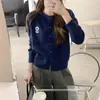 Cardigã de tricô simples e estiloso com gola redonda e bordado floral, novo suéter casual feminino de outono e inverno, corte solto, estilo coreano