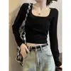 Cor Contrastante Letra Algodão Puro Camada Base Curta Top Feminino Outono 2026 Nova Moda Slim Fit Gola U Manga Longa Camiseta Top Tendência