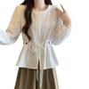Foto Real de la Nueva Camisa Holgada de Manga Larga con Perlas Francesas de Tamaño Grande para Primavera, Estilo Temperamental que Cubre la Cintura