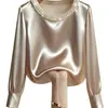 2025 Deseo de Sitio Independiente Amazon Primavera/Verano Estilo Francés de Alta Gama Perla Cuello Redondo Satín Camisa Top para Mujer