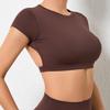 Nuevo Lijado Desnudo Hermosa Espalda Yoga Manga Corta Color Sólido Cintura Ajustada Adelgazante Elástico Top de Yoga Ropa Deportiva de Secado Rápido para Mujer