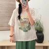 Nueva Colección Primavera y Verano Estilo Vintage Holgado Tallas Grandes Camiseta de Lino Estampada Informal Versátil Pulóver Superior Venta al por Mayor