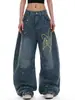 Pantalones Vaqueros Casuales de Pierna Ancha Sueltos para Hombre Mujer Pareja Bordado de Dibujos Animados Retro Americano Cuchillo Curvo Lavados