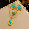Nuevo Conjunto de Collar con Colgante Oval Elegante Turquesa, Pendientes y Anillo Estilo Retro Exagerado Europeo y Americano Francés
