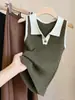 Chaleco Suéter de Punto Trenzado con Cuello Polo Bicolor para Mujer, Moda Coreana de Principios de Otoño, Versátil, Ajuste Delgado, Sin Mangas