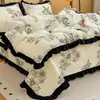 Invierno Pastoral Estilo Hepburn Leche Polar Colcha Estilo Juego de Cama de Cuatro Piezas Funda de Edredón Polar por Ambos Lados Sábana Bajera Juego de Cama de Tres Piezas