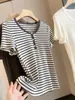 Vestido Sencillo Básico de Punto Transpirable de Manga Corta para Mujer con Rayas de Color Sólido en Mezcla de Acetato Lyocell Lino Verano 2026