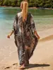 Camisa de Protección Solar para Playa Estilo Europeo y Americano Gris-Marrón Estampada Tejida al Frente Vestido para Vacaciones en la Costa Cubre Bikini