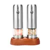 Set de regalo de molinillo eléctrico de sal y pimienta negra estilo nórdico con mini base de almacenamiento de madera de haya Molinillo