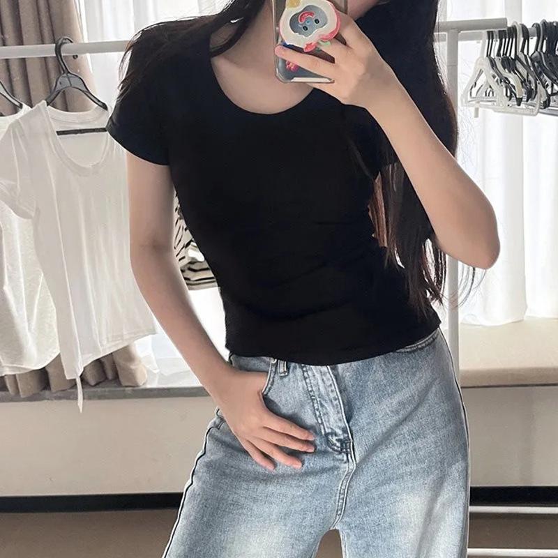 复制_漫画腰辣妹T恤女短袖V领灰色纯棉正肩内搭.jpg