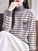 Suéter de punto grueso de cuatro hilos con rayas y cuello medio alto para mujer, nuevo estilo de otoño e invierno, cálido, holgado, retro francés, top básico de punto