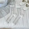 Calcetines Bordados de Oso Lindos para Mujer, Estilo Coreano, Moño Azul, Calcetines Finos de Media Pantorrilla para Primavera y Verano, Calcetines Holgados Sin Costuras
