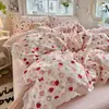 Conjunto de cuatro piezas de gasa fruncida de algodón puro con encaje, estilo princesa fresco, funda de edredón, sábana, falda de cama, conjunto de tres piezas para dormitorio