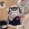 Conjunto de Colete com Laço e Shorts Menina Gata Kt Acabamento em Renda Verão Roupa Infantil para Meninas Algodão Puro Classe A