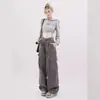 2024 Estilo Hong Kong Nuevo Retro Americano Pantalones de Peto Ajustados de Cintura Alta con Puño Diseño Holgado Primavera y Otoño Nuevos Pantalones Rectos