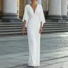 Ropa de mujer transfronteriza 2026 Amazon Francés Cuello en V Cintura plisada Vestido largo Manga murciélago Adelgazante Vestido formal