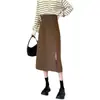 Falda Larga Marrón con Abertura para Mujer Otoño e Invierno 2021 Nueva de Cintura Alta Ajustada de Longitud Media Falda de Traje Pequeña de Corte A
