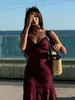 Vestido de Alça Longo Slim Estampado Moda Europeu e Americano Sexy Francês com Renda em Blocos Decote V Sem Mangas para Mulheres