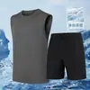 Conjunto de 2 piezasChaleco de seda helada con sensación fresca y pantalones cortos para hombre, verano, fino, transpirable, secado rápido, malla, sin mangas, camiseta, pantalones