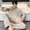 Pijama de Algodón Puro para Hombre, Cárdigan de Primavera y Otoño, Pantalones de Manga Larga, Ropa de Casa Sencilla Casual Estilo Coreano, Traje Holgado de Talla Grande