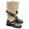 Em estoque e envia imediatamente! Botas altas color block retrô europeias e americanas para mulheres, bico redondo, salto grosso, sola grossa, botas de moda versáteis, botas de montaria femininas