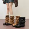 Botas apiladas de estilo retro únicas con hebilla tachonada para mujer, botines de tacón grueso, botas de motorista, botas vaqueras occidentales de verano para mujer