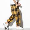 Calça Harem Masculina Casual de Algodão e Linho Respirável Fina Estilo Chinês Verão 2024 Calças Masculinas Xadrez Nove Pontos