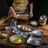 Prato Jantar Bandeja Aço Inoxidável 304 Estilo Retrô Restaurante Ocidental Tigela de Arroz Prato Prato Redondo Prato de Sabor Churrasco Utensílios de Mesa Conjunto Estilo Camping