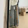 Jeans de Pierna Ancha con Parches de Cuadros y Bordado de Hongo Lindo de Dibujos Animados Americanos para Mujer Otoño Sueltos Adelgazantes de Largo Hasta el Suelo Modernos