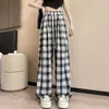 Pantalones a cuadros de strass retro en negro y rosa para mujer, pantalones casuales de pierna ancha de cintura alta para verano con efecto adelgazante, pantalones rectos de pierna ancha estrechos