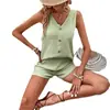 Conjunto de Duas Peças Verão Verde Menta Sem Manga Solto Transfronteiriço Gola V Casual Cor Sólida Botão Decorativo Conjunto Colete Spice Girl