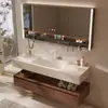 2026 Nuevo Modelo Gabinete de Baño de Madera de Nogal y Cerámica con Lavabo de Placa de Roca Integrado Curvado en Caliente Tocador en Nuevo Estilo Chino