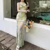 Con Almohadillas en el Pecho, Estilo Exótico, Elegante Conjunto de Dos Piezas de Verano sin Mangas con Cuello Halter y Falda Estampada para Mujer